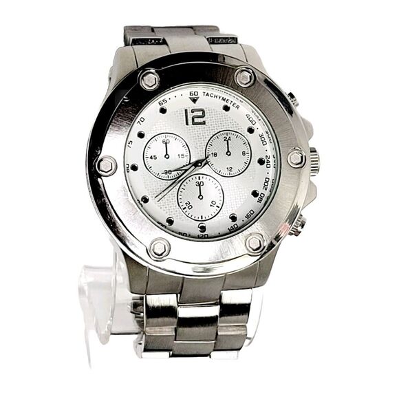 Stainless Steel Mens Wrist Watch Japan Movement Chronograph Size XL Works *READ* - Picture 1 of 11